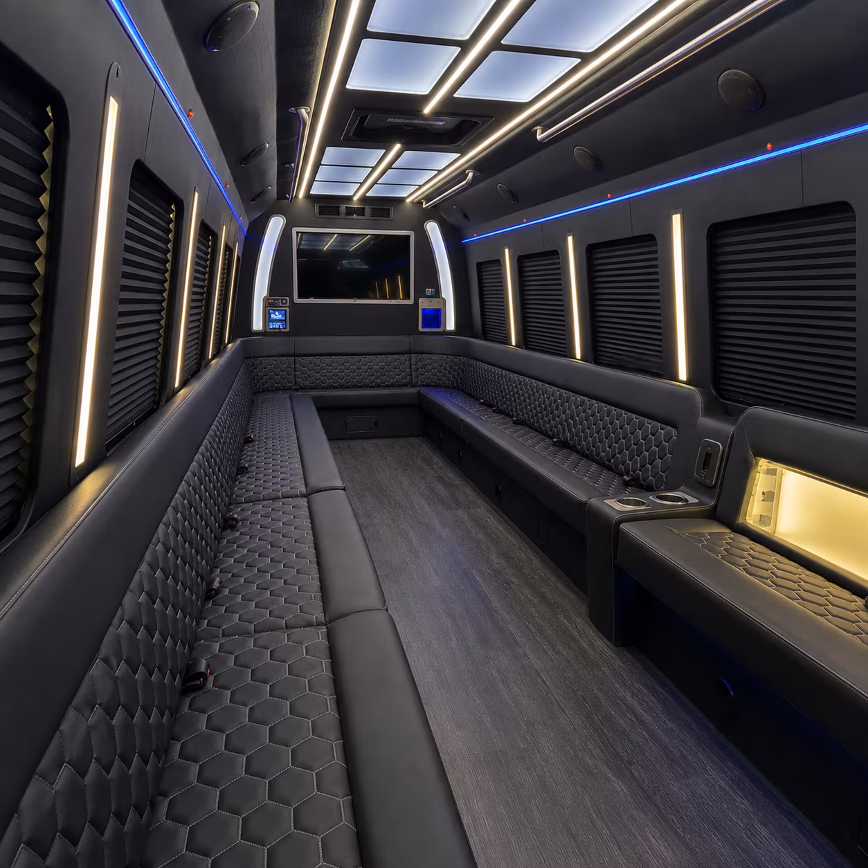 Interior of a party bus rental serving Provo